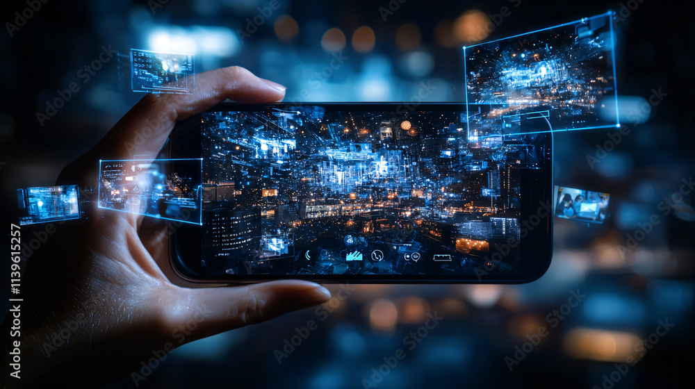Poster person holding smartphone displaying futuristic cityscape with holographic images. scene conveys sense of advanced technology and digital connectivity