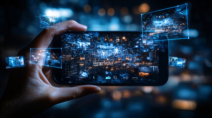 person holding smartphone displaying futuristic cityscape with holographic images. scene conveys sense of advanced technology and digital connectivity