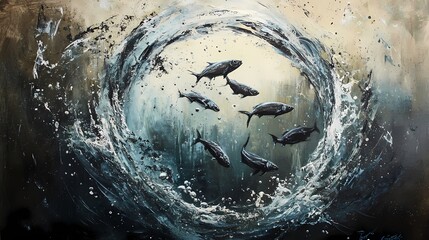 Dynamic Movement of Fishes in Swirling Water Splash Illustrating Nature's Beauty and Aquatic Life in a Captivating Art Piece