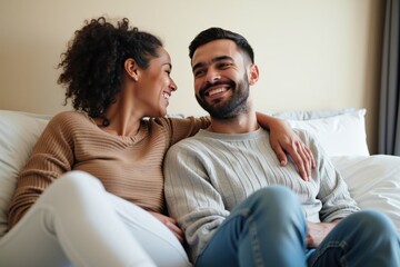 Obraz premium Cozy Couple Relaxing on Bed, Perfect for Romantic Home Decor, Intimate Moments, and Relationship Goals