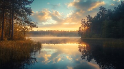 Fototapeta premium Sunrise over a Misty Lake in a Forest. Tranquil Nature Scene.