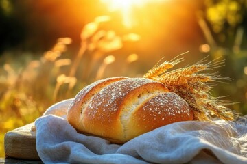 The warmth of fresh bread contrasted with a soft-focus outdoor scene.