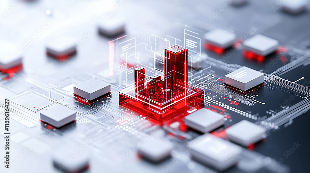 Poster digital representation of data analysis with red bar graphs on circuit board. image conveys sense of technology and innovation in data visualization