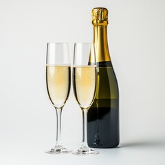 Bottle of champagne with two glasses isolated on white background