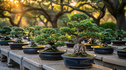 A serene bonsai garden with meticulously arranged trees basking in golden sunlight.