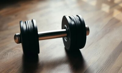 A dumbbell on a wooden floor, symbolizing fitness and strength.