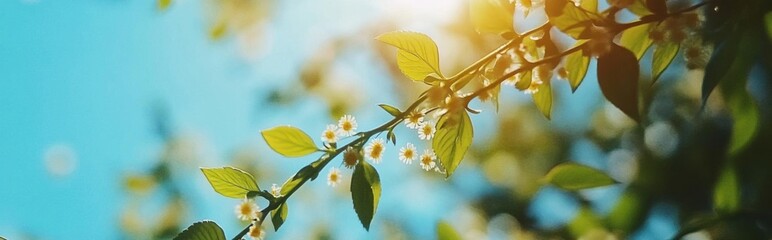 Obraz premium Spring glade with blooming flowers, blue skies, and sunlight.