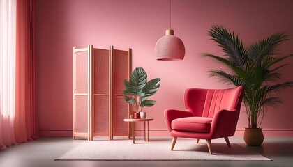 A pink-toned room with a red armchair, screen divider, plant, and a hanging pendant light