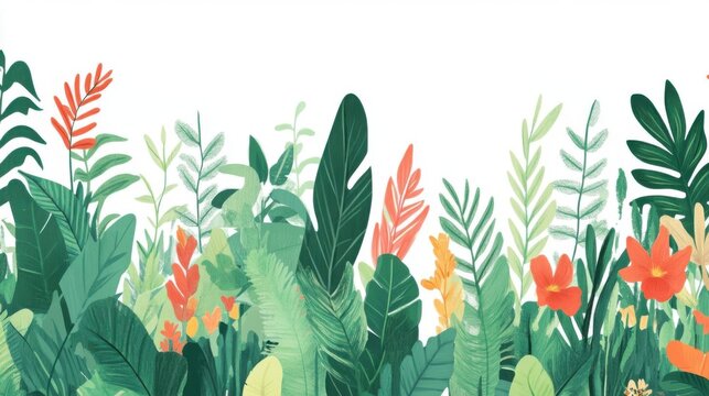 Nature floral banner with tropical greenery and wild thickets in botanical design.