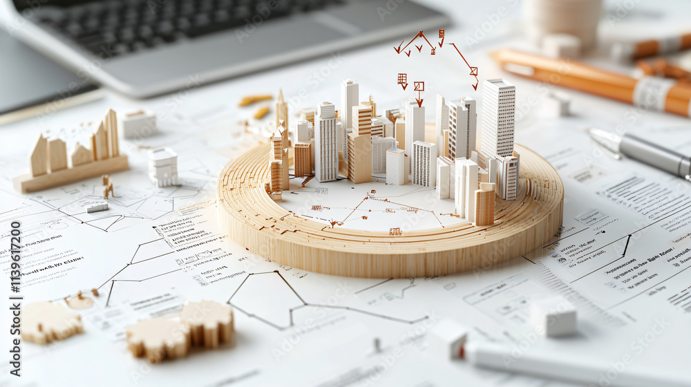 Aufkleber detailed model of city skyline on workspace, showcasing urban planning and design concepts. scene in
