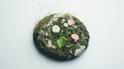 Round surface patch with flowers, green leaves, and dry grass on white background.