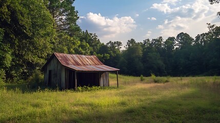Obraz premium Rustic old shed in a grassy field. Concept of rural landscape, forgotten history, and tranquility.