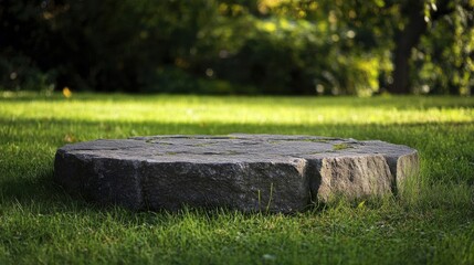 Natural stone podium in a meadow landscape, great for product stand display.