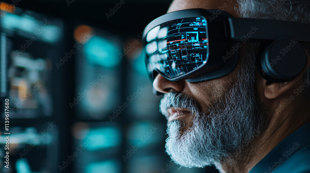 Poster man wearing virtual reality goggles experiences immersive simulation, surrounded by digital interfac