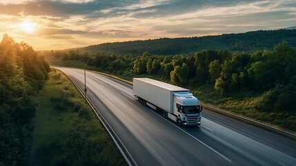 White Semi Truck on Highway at Sunset. Concept of Transportation, Logistics, and Delivery.