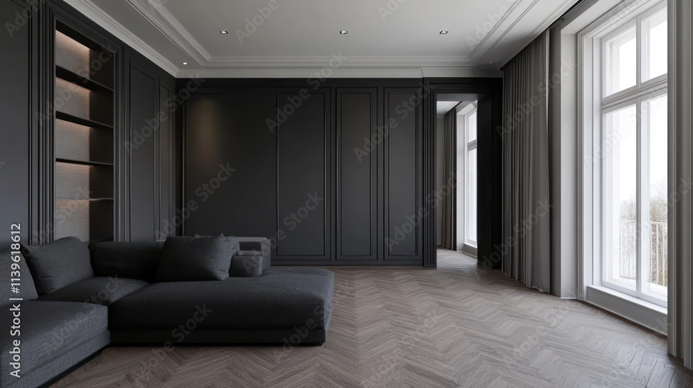 Poster modern living room with dark tones and large windows, emphasizing minimalistic design.