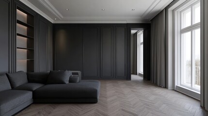 Modern living room with dark tones and large windows, emphasizing minimalistic design.