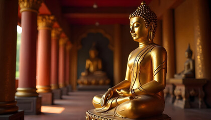 Golden lord buddha statue with a peaceful expression, set against a backdrop of colorful prayer flags fluttering in a light breeze, reflecting the vibrant colors of the temple's architecture.