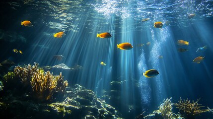 Obraz premium Sunlight Underwater Aquarium. Coral Reef Fish. Ocean Ecosystem.