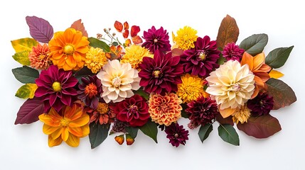 Autumnal Dahlia and Leaf Flatlay Arrangement. AI Generated