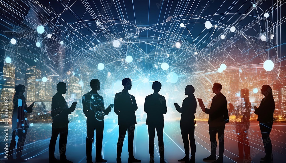 Poster silhouettes of multiple people overlaid with data networks, representing teamwork and technology.