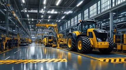 A high-tech agricultural machinery production line, with automated systems assembling large tractors and farming equipment, ready for agricultural use.