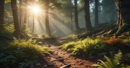 Obraz premium Forest floor covered in sunlight filtering through trees, light, natural light, trees