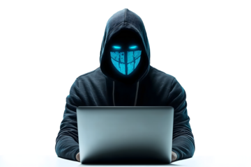 Hacker in a hoodie wearing a glowing blue mask and using a laptop, isolated on a transparent background, ideal for cybersecurity and tech themes
