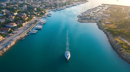 Fototapeta premium Aerial view of a yacht in a marina. Concept of travel, vacation, and luxury.