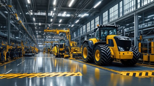 A high-tech agricultural machinery production line, with automated systems assembling large tractors and farming equipment, ready for agricultural use.