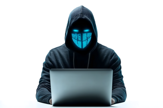 Hacker in a hoodie wearing a glowing blue mask and using a laptop, isolated on a transparent background, ideal for cybersecurity and tech themes
