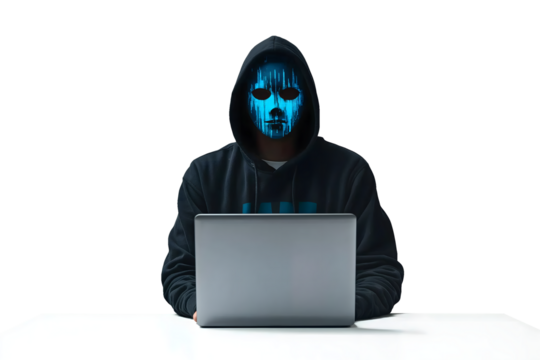 Hacker wearing a digital blue mask and hoodie working on a laptop, isolated on a transparent background, perfect for cybersecurity themes
 - Powered by Adobe