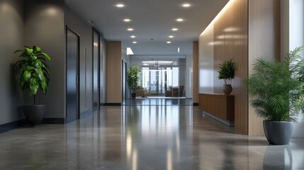 Fototapeta premium Modern office hallway with plants and seating area, showcasing a sleek design.