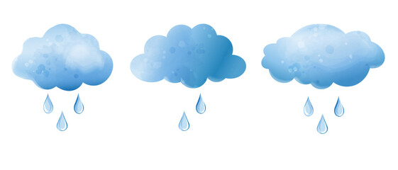 Blue clouds with raindrops. Vector watercolor set
