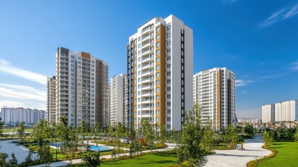 Fototapeta premium Modern residential buildings surrounded by greenery and pathways under a clear blue sky.