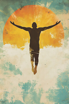 Silhouette of Man with Outstretched Arms in Front of Radiant Sunset. triumphant pose,feelings of freedom, hope, and spiritual transcendence.