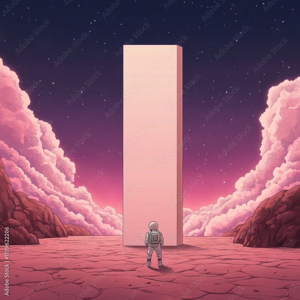 Poster astronaut standing before monolith on alien landscape under fantasy sky with colorful clouds and oth