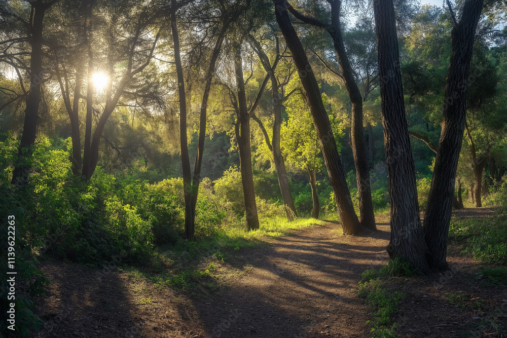 Poster panoramic view of a serene forest with sunlight filtering through tall trees, creating vibrant light