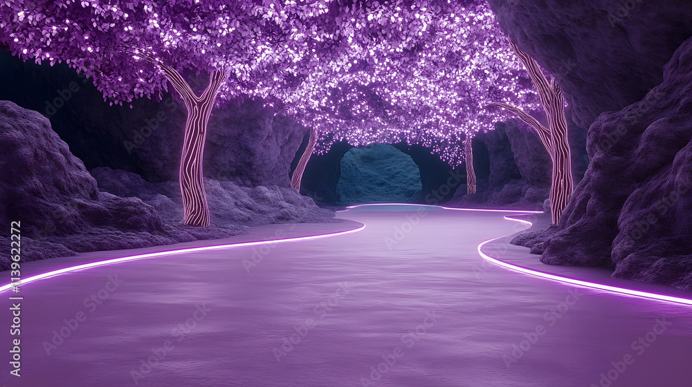 Poster A serene, illuminated path winds through vibrant purple trees in a mystical setting, creating a dreamlike atmosphere