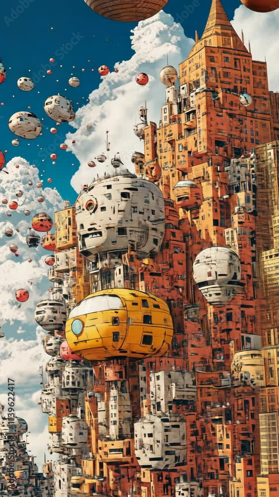 Poster futuristic cityscape with floating structures and intricate architecture in a vibrant sky