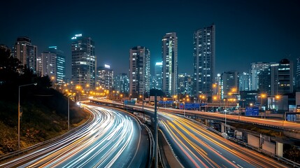 Obraz premium Night City Highway, Urban Traffic at Night. Concept of urban life, modern city, and fast paced lifestyle.