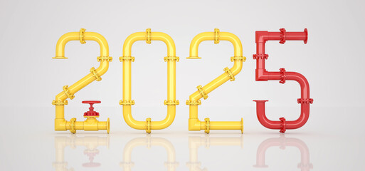 The new year 2025 consists of yellow pipes and a red number five on a white background 3D Render.