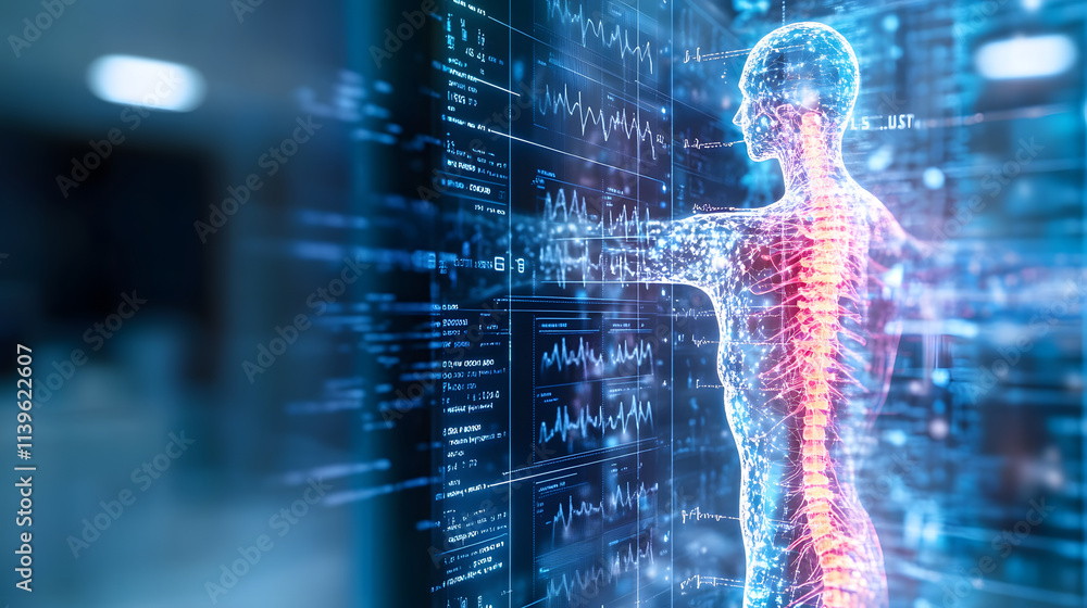 Poster a digital representation of a human figure, surrounded by data streams, illustrating the intersectio