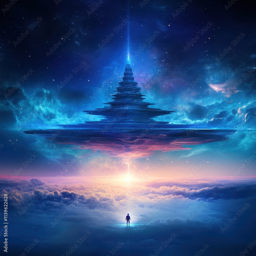 Poster vast cosmic landscape featuring ethereal floating structure surrounded by colorful clouds and bright