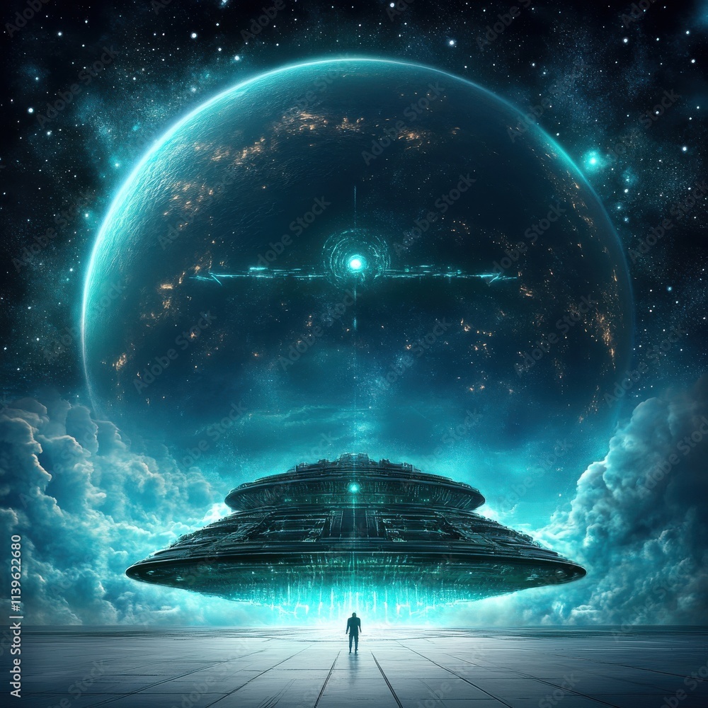 Poster surreal landscape featuring a futuristic spaceship encountering a mysterious celestial body amidst a