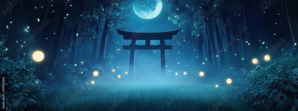 Poster enchanting night scene with a torii gate surrounded by mist and glowing orbs under a full moon in a 