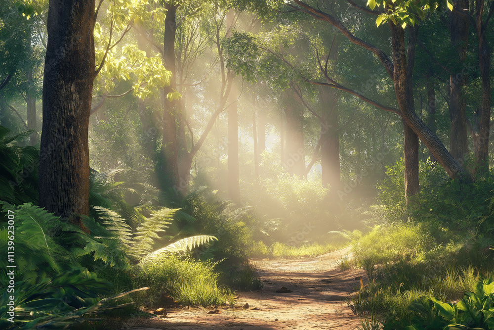 Poster panoramic view of a serene forest with sunlight filtering through tall trees, creating vibrant light