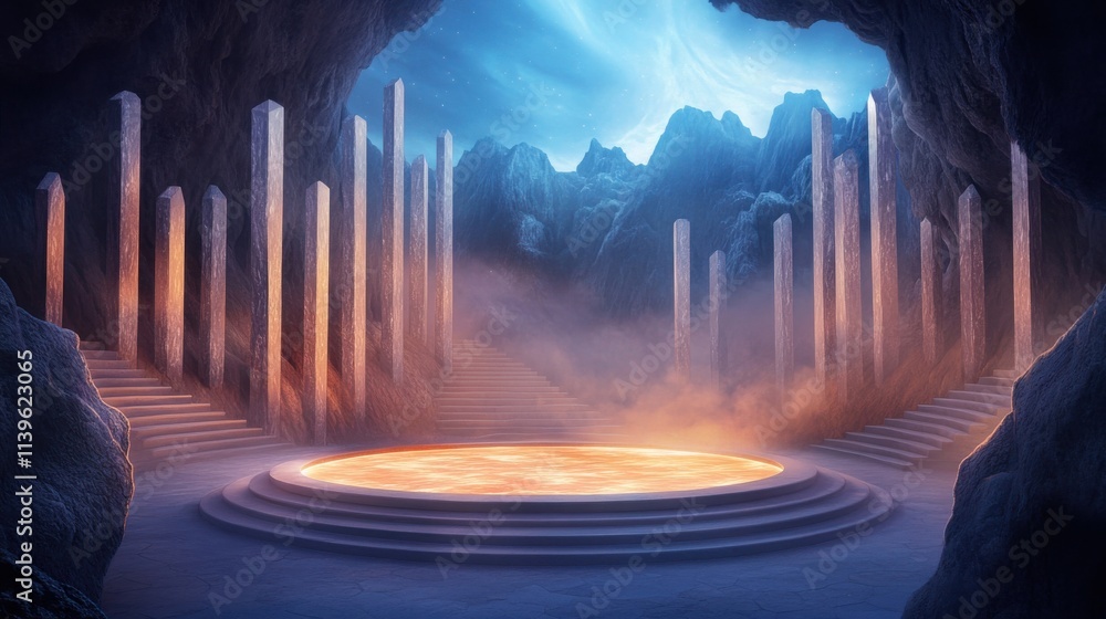 Poster majestic fantasy cave with glowing stone pillars and mysterious portal in a dreamlike setting surrou
