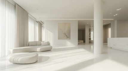 Fototapeta premium Modern, minimalist interior featuring a spacious living area with natural light.