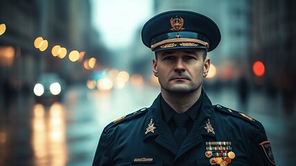 Obraz premium Military officer in uniform standing solemnly on deserted city street, symbolizing martial law and order in urban environment.